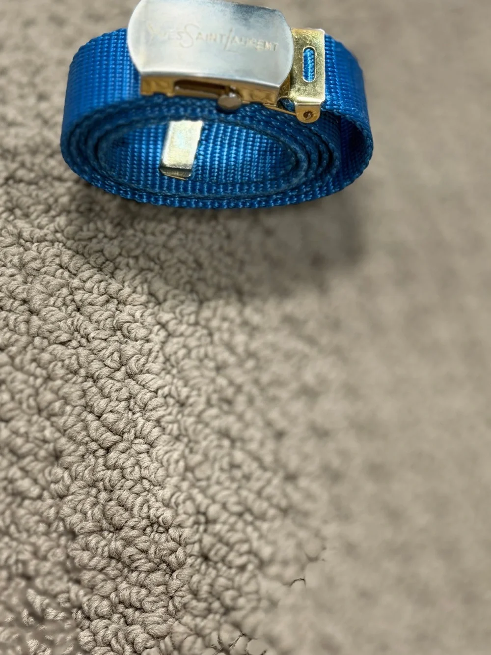 Yves Saint Laurent Bright Blue Webbing Belt with Silver Buckle